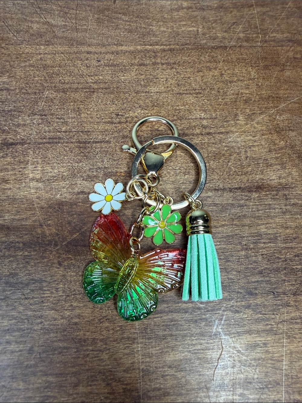 Green Multi-Accent Butterfly Keychain with Tassel Gold Hardware